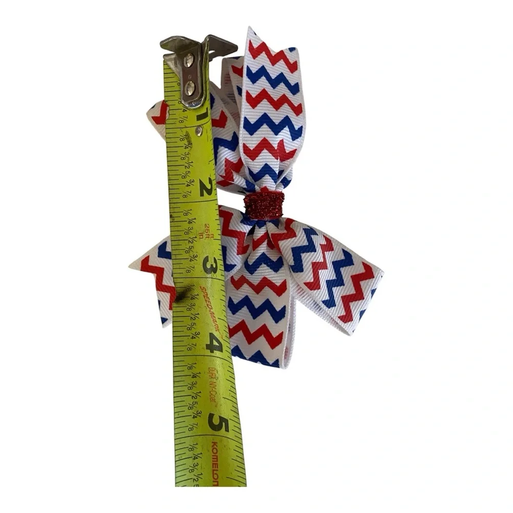 Handmade Patriotic Hair Clip Red White Blue Zigzag Bow for Girls